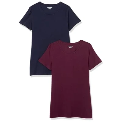 Afbeelding van Amazon Essentials Women&#039;s T shirt met korte mouwen en ronde hals in klassieke pasvorm, Pack of 2, Bordeauxrood/Marineblauw, XL