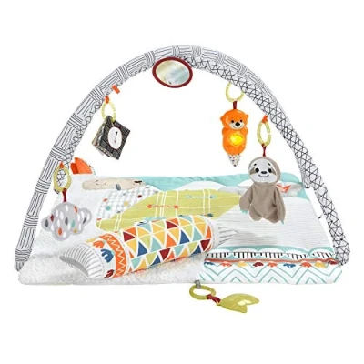 Afbeelding van Fisher Price GKD45 5 zintuigen baby speelkleed, knuffelzachte kruipdeken met sensorische speeltjes, zes afneembare activiteitenspeeltjes, babyuitrusting vanaf de geboorte