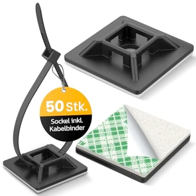 Afbeelding van Flexowire 50 x zelfklevende basis en kabelbinders, merklijm, schroefbasis, kabelhouder, montagebasis, kabelgeleiding, kabelorganizer, kabelbinderhouder