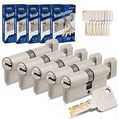 Afbeelding van Gercar Pro Knopcilinders, gelijksluitend, 5 stuks, 30/30, set van cilindersloten met knop en 25 sleutels, 60 mm deurslot, cilinderslot, cilinders, lengte mm, A:30 B:30, messing, mat, massief