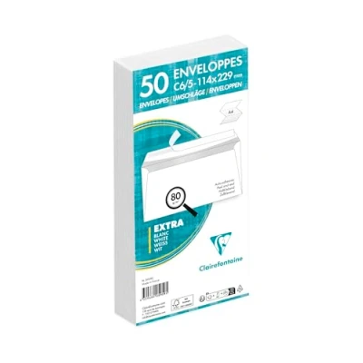 Afbeelding van Clairefontaine 5959C Pakket van 50 zelfklevende witte enveloppen C6/5 formaat (114x229 mm) 80 g/m².