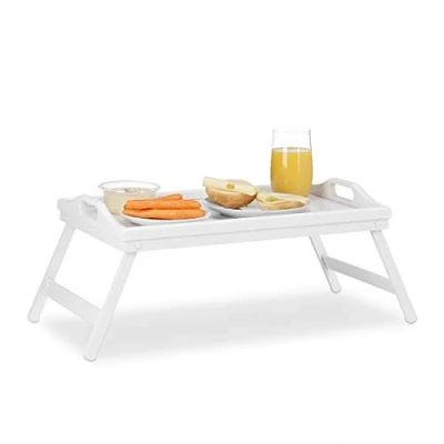 Afbeelding van Relaxdays bedtafel bamboe, inklapbaar, opstaande rand, handvaten, ontbijten, HBD 22 x 61,5 30 cm, dienbladtafel, wit