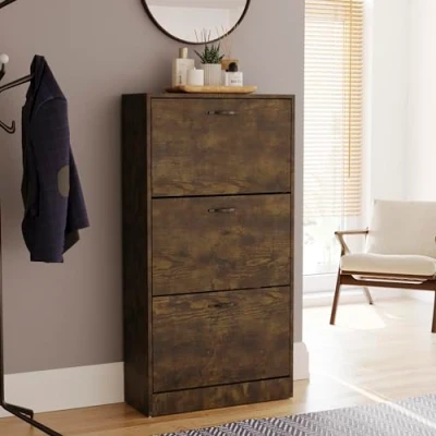 Afbeelding van Vida Designs Schoenenkast met 3 lades en kast schoenenopslag organizer, trek naar beneden houten meubeleenheid (donker hout)