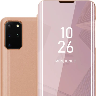 Afbeelding van Cadorabo Hoesje geschikt voor Samsung Galaxy S21 PLUS in KUNZIET ROZE Clear View Spiegel Beschermende Case met Tribunefunctie 360 Graden Bescherming Book Cover Etui