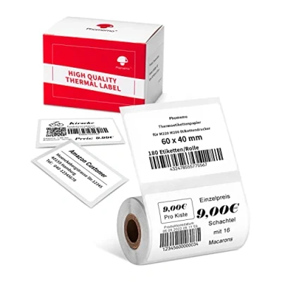 Afbeelding van Phomemo M220 thermische etiketten, thermisch labelpapier voor M250 M221 labelprinter, multifunctioneel zelfklevend etiket, adreslabel, prijskaartetiket, 60 x 40 mm, 180 etiketten/rol