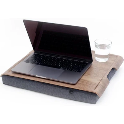 Afbeelding van Bosign Laptray (licht) Antislip, schootkussen, schoottafel, laptoptafel, dienblad met kussen Walnoot houten bovenblad 46 x 38 6,5 cm