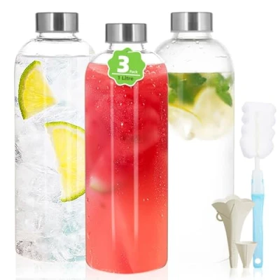 Afbeelding van BBWELL Glazen Waterfles 3 Stuks Lege Flessen 1l Herbruikbare Waterflessen,Roestvrijstalen Deksel, Water, Smoothies, Sapflessen Voor Werk, Fitnessstudio, Thuis, Inclusief
