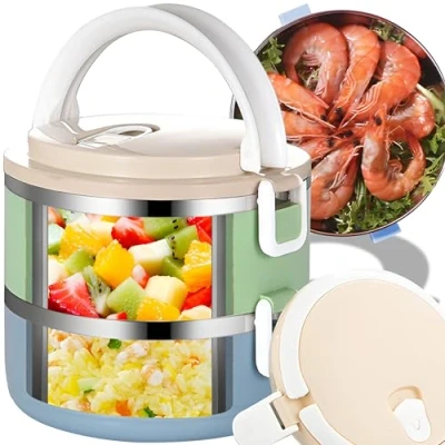 Afbeelding van Retoo Geïsoleerde Lunchbox van Roestvrij Staal Container Thermische Picknickbox Draagbare Voedselcontainer Lunchcontainer Handvat Lekvrij 1,4 L voor Camping Kantoor Reizen 2 Lagen