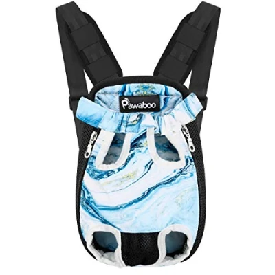 Afbeelding van Pawaboo Pet Carrier Backpack, Adjustable Front Cat Dog Backpack Travel Bag, Legs Out, Easy Fit for Traveling Hiking Camping Small Medium Dogs Cats Puppies, Extra Large, Blue Marble