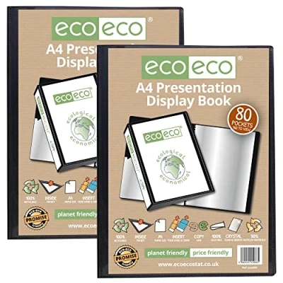 Afbeelding van eco A4 formaat 50% gerecycled 80 vakken zwart presentatie display boek, opbergkoffer portfolio kunstmap met plastic hoezen (pak van 2), eco066x2