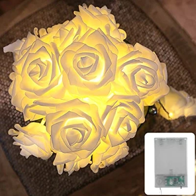 Afbeelding van CozyHome Tumblr Led lichtsnoer met rozen, wit, 4 m batterij, 20 bloemen, warmwit, rozenlichtketting, kamerdecoratie, voor: meisjes, slaapkamer, bruiloft, kaptafel, roos, werkt op batterijen