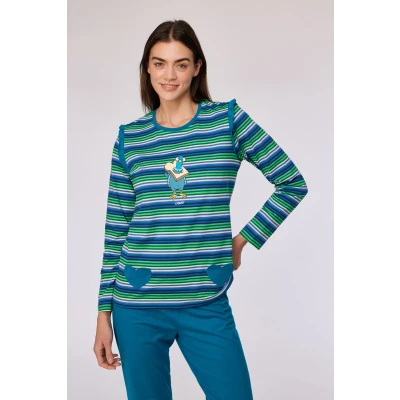 Afbeelding van Woody pyjama dames duif streep 252 10 PLG S/912 maat L