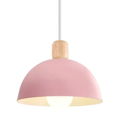 Afbeelding van iDEGU Retro hanglamp, modern, halfcirkelstijl, plafondlamp, E27, van hout, metaal, voor slaapkamer, eetkamer of keuken, Ø 20 cm, roze