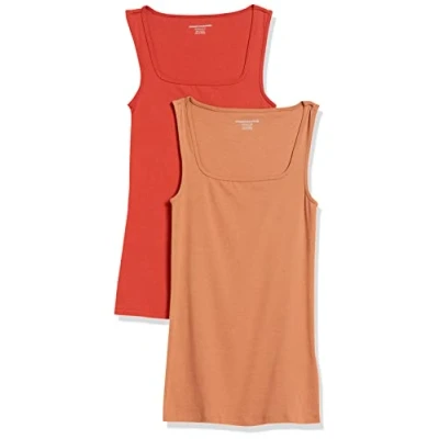 Afbeelding van Amazon Essentials Tanktop voor dames, slimfit, vierkante hals, 2 stuks, baksteenrood/licht karamel, XXL