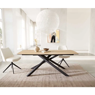Afbeelding van Eetkamertafel Edge eiken kleur Boot keramiek Laminam® Sabbia 200x100 kruisframe rechthoek zwart
