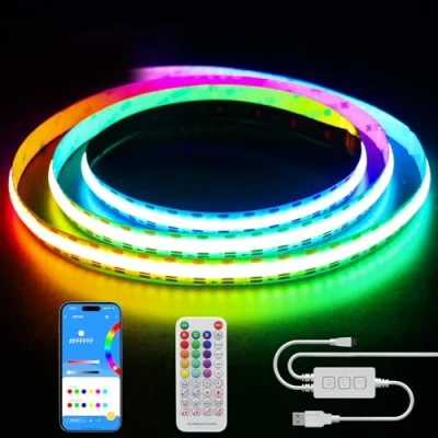 Afbeelding van PAUTIX RGBIC USB COB LED strip Pixel Adresseerbaar,5V RGB Smart IC kleurveranderende Meerkleurig flexibel tapelicht 2M met APP bediening/muziekmodus voor feest doe het zelf decoratie