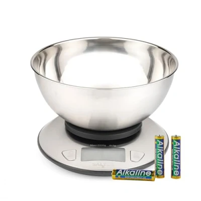 Afbeelding van Salter Keukenweegschaal met kom Meerdere maten, maatregelen, vloeistof, 5 kg maximale capaciteit, 2 l stalen kom, LCD display, roestvrij staal, dubbel gebruik, perfect voor bakken, koken,