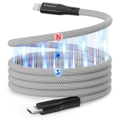 Afbeelding van Magtame Magnetische USB C naar Lightning kabel, coiled, 1 m, MFi gecertificeerd, snel opladen, gevlochten type kabel voor iPhone 14, 13, 12, 11 Pro, XR, XS, X, 8 Plus, SE