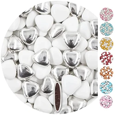 Afbeelding van EinsSein 1kg Bruidsuiker chocolade hartjes Dragées Mix medium wit zilver glans mini dragee hart paars doopsuiker bruiloft kerstmis chocoladehartjes suiker gekleurd suikerlaagje