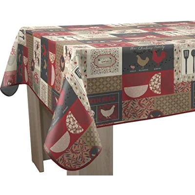 Afbeelding van Le linge de Jules Vlekafstotend tafelkleed Chicken rood rechthoekig 150 x 300 cm