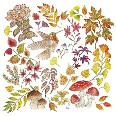Afbeelding van 20 servetten herfst vogel te midden van bladeren en paddenstoelen als tafeldecoratie. Papieren met motief. Ook voor decoupage servettentechniek 33x33cm