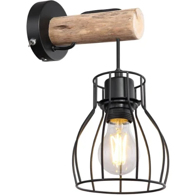 Afbeelding van Mina Wandlamp 1 Lichts hout met zwarte draden Landelijk Globo 2 jaar garantie