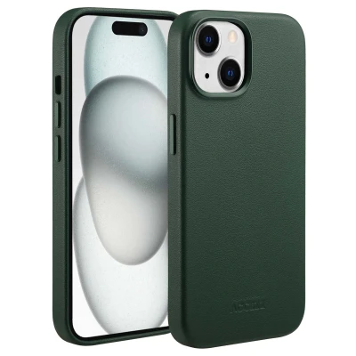 Afbeelding van Apple iPhone 15 MagSafe Hoesje Echt leder Accezz Backcover Donkergroen Telefoonhoesje