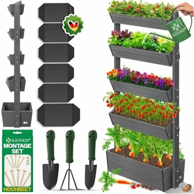 Afbeelding van KESSER® Verhoogd bloembed met etages, premium bloembak, bloementrap, plantentrap, groentebed, kruidenbed, plantenbak, zaaibed, bloembed, plantenbak tuinvliesdoek (antraciet, 5 etages)