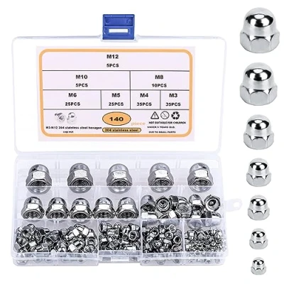 Afbeelding van Belle Vous RVS Eikel Koepeldop Zeskantmoeren (140 Stuks) M3, M4, M5, M6, M8, M10 &amp; M12 Moer Assortiment Kit met Opbergtas Voor Bescherming, Binnen en Buiten Gebruik