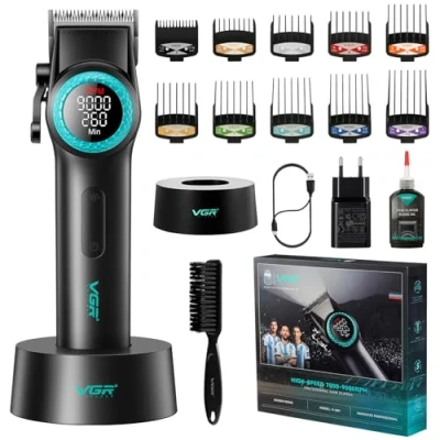 Afbeelding van VGR 001 Professionele tondeuse voor mannen, draadloze kappersscharen het knippen van haar, koolstofstaal, mestondeuse kappers, 9000 tpm, led display, zwart