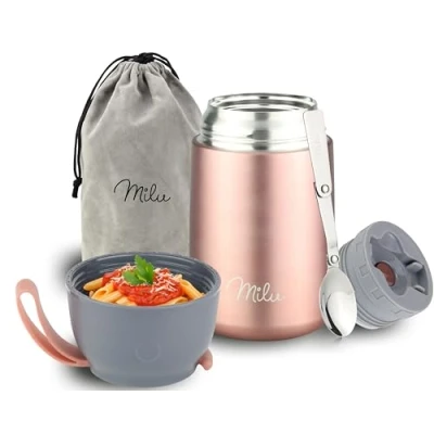 Afbeelding van Milu® Thermocontainer voor eten, 650 ml, roestvrij staal, warmhoudcontainer met lepel, thermobeker thermische lunchbox kinderen en volwassenen, thermobox soepen, babypap,