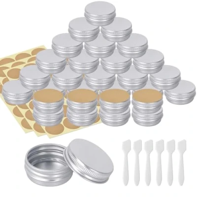 Afbeelding van 30 stuks lege potjes van aluminium, 15 ml, ronde reiscrèmepotjes, crèmepotjes, met 72 stickers en 6 spatels voor lippenbalsem, lotion, crème, maskers, mini kaarsen, cosmetica