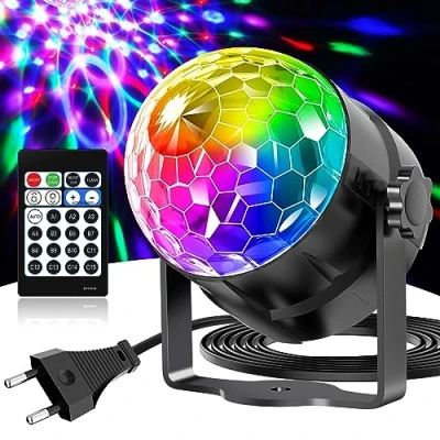 Afbeelding van Gobikey Discobal, 360 roterende muziekgestuurde discolamp, partylicht met afstandsbediening en 2 m stekkerkabel, 15 kleuren RGBP lichteffecten, discobal voor thuis, kinderen, verjaardag, feest,