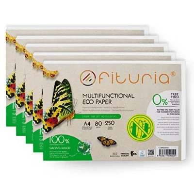 Afbeelding van 80 g gerecycled papier, A4, 250 vellen, 100% DIN A4 vel, natuurlijke kleuren, geschikt voor laser en inkjetprinters, Ofiturie (5 stuks)