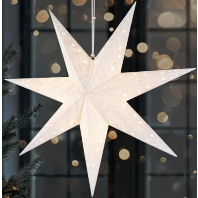 Afbeelding van RUBAKER LED Kerstster om op te Hangen 60 cm Papieren Ster met 7 Punten 3D Adventsster Werkt Batterijen, Hangend en Verlicht Raamdecoratie Lichtster Wit