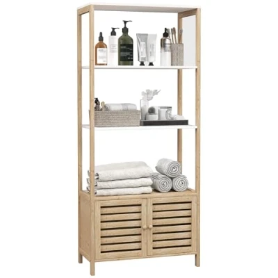 Afbeelding van HOMCOM Badkamerrek Bamboe 63x30x138cm Natuurlijk hout en wit