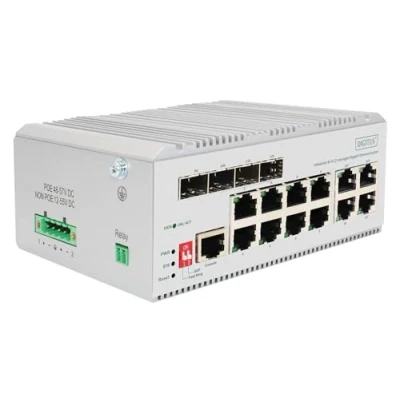 Afbeelding van DIGITUS industrieel beheerde 12 poorts Gigabit Ethernet netwerkswitch 8x RJ45 + 4x SFP/RJ45 Combo 1 Console poort L2 beheerd 10/100/1000 Mbps DIN rail montage wit