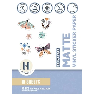 Afbeelding van Hayes Paper Co. Afdrukbaar vinylstickerpapier voor printer A4 stickervellen om af te drukken mat stickerpapier, waterdicht inkjetprintpapier in wit (15 vellen)