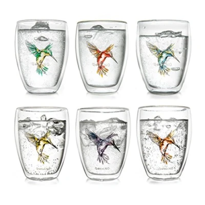 Afbeelding van Creano dubbelwandig theeglas Hummi, Latte Macchiato, thermoglas met kolibrie in een set van 6, 250 ml, de kleuren blauw/rood/groen/oranje/paars/geel.