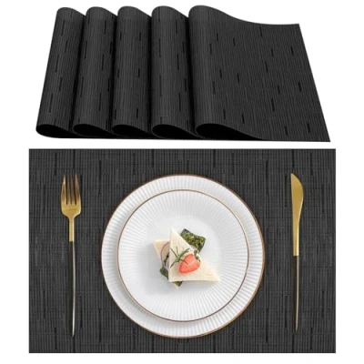 Afbeelding van Lumaca Wasbare Placemats, Set van 6 Ontbijtplacemat (70% PVC, 30% Polyester), Hittebestendig, Antislip, voor Keuken en Restauranttafels, Zwart