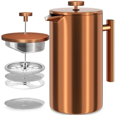 Afbeelding van KICHLY Roestvrij staal FRENCH PRESS/Franse Pers Koffiezetapparaat 34oz (1.0 Liter) met 3 Niveau Filtersysteem Dubbelwandige Geïsoleerde Cafetière 1 Extra Filter (Brons)