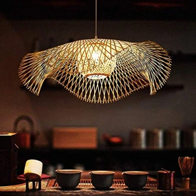 Afbeelding van Vintage Bamboe Geweven Hanglamp Natuurlijke Lamp Landelijke Verlichting Handgeweven E27 in Hoogte Verstelbare Villa Slaapkamer Woonkamer Decoratie Kroonluchter,100cm
