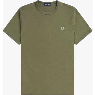 Afbeelding van Fred Perry heren Ringer T shirt met logoborduring in de kleur Legergroen, maat: XS