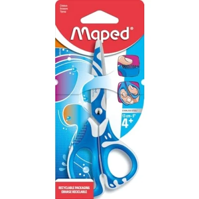 Afbeelding van Maped Zenoa Fit Schaar 13 cm Kinderschaar met Asymmetrische Ringen Zachte Binnenkant Decoratieve lamellen en Pijnbestrijding Schoolschaar vanaf 4 Jaar Blauw