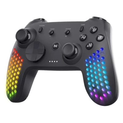 Afbeelding van NiTHO draadloze controller voor pc/switch/Android/iOS, zeshoekige designjoystick met vibratie, 6 assige gyroscoop, RGB LED effecten, verstelbare telefoonhouderklem