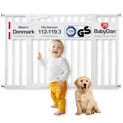 Afbeelding van BabyDan Premier Extra breed traphekje om vast te klemmen, 112 119,3 cm, deurbeschermingsrooster, afsluitrooster, babyhek, veiligheidsrooster, metaal, wit, gemaakt in Denemarken (hondenhek)