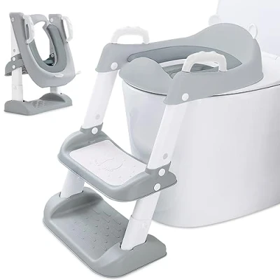 Afbeelding van FAMKEEP kindertoiletadapter, draagbare verkleiner toiletbril badkamertoilet met ladder, verstelbaar, opvouwbaar, PU kussen, antislip, voor V , U of O vormige toiletten