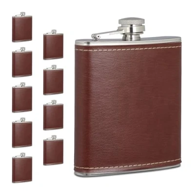 Afbeelding van Relaxdays heupfles set van 10 kunstleer rvs platvink heupflacon 200 ml mini