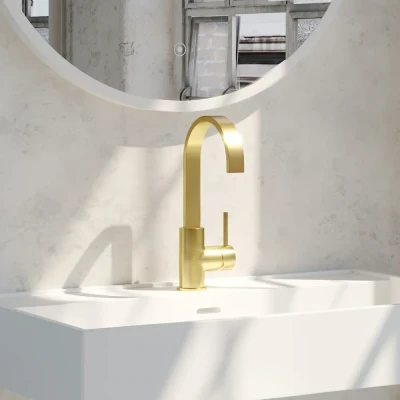 Afbeelding van Brauer Gold Edition Wastafelmengkraan opbouw hoog draaibaar platte uitloop model a PVD geborsteld goud