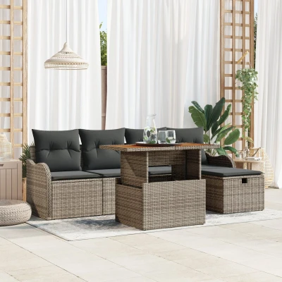 Afbeelding van vidaXL 6 delige Tuinsalonset met Kussens Grijs Poly Rattan, 2 persoons Tuinsalon Opbergruimte &amp; Rattan